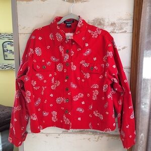 NWOT Boston Proper Red Floral Paisley Denim Jacket Large